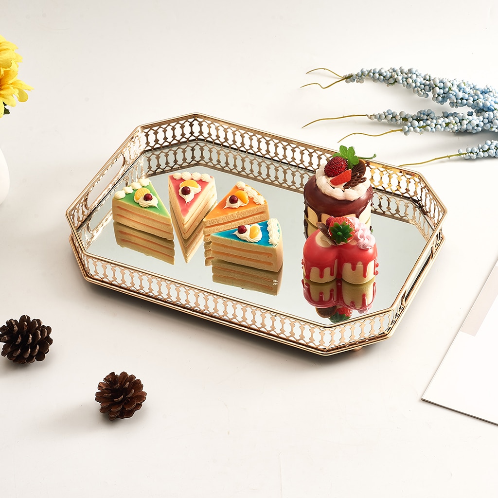 Mirrored Crystal Vanity Tray - Ornate Decorative Tray for Perfume, Jewelry and Makeup (14 x 10 inches, Gold)