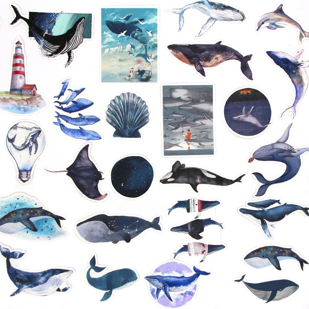 28pcs/bag Blue Whale Paper Stickers Deep Sea Dolphin Sticker Label Decorative Planner Scrapbooking Stationery Stickers DIY Diary