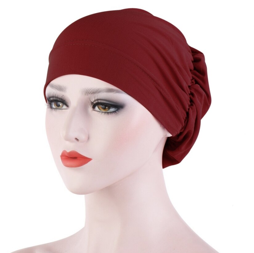 Vrouwen haaruitval sjaal elastisch dame kanker chemo pet moslim tulband hoed arab hoofddoek muts hoofddeksels skullies effen kleur: Donkerrood