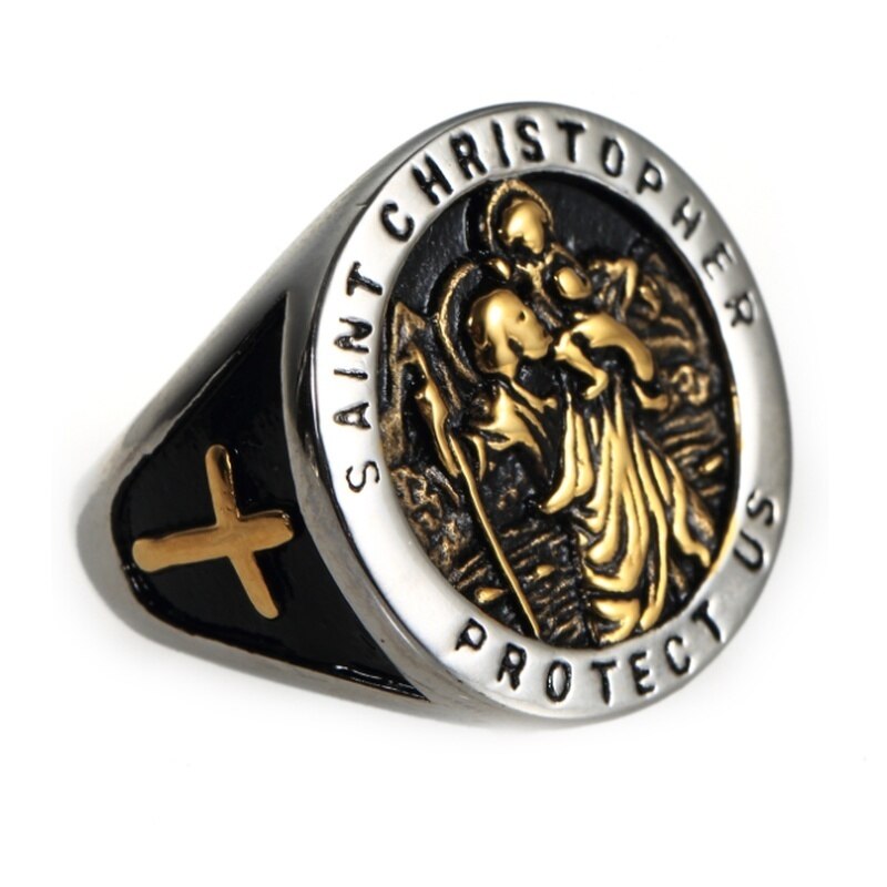 Klassieke Religieuze Stijl Cross Amulet Ring Mannen Prom Ring Saint Christopher 'S Voogd Mannelijke Ring