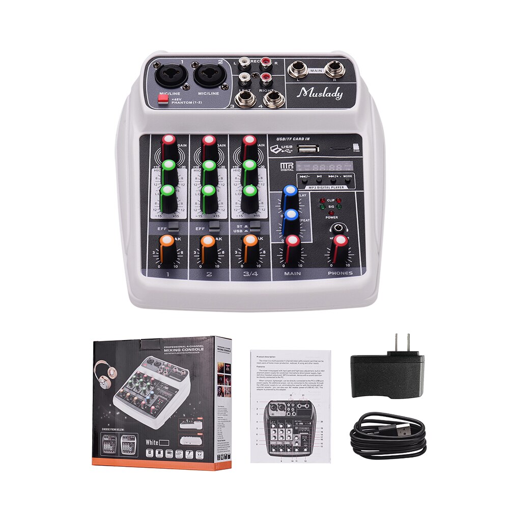 Mixing Console Digital Audio Mixer 4-Channel BT MP3 USB Input 48V Phantom Power for Recording DJ Network Live Broadcast Karaoke: White US PLUG