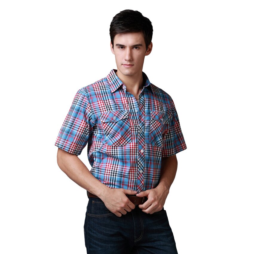 Mannen shirt korte mouw check plaid 100% Katoen vintage gewassen zachte Europese maat Item s s: 2013s / M