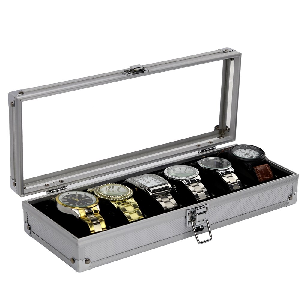 Lyxig klocklåda klockväska aluminiumglas topp smycken fodral arrangör låsbar