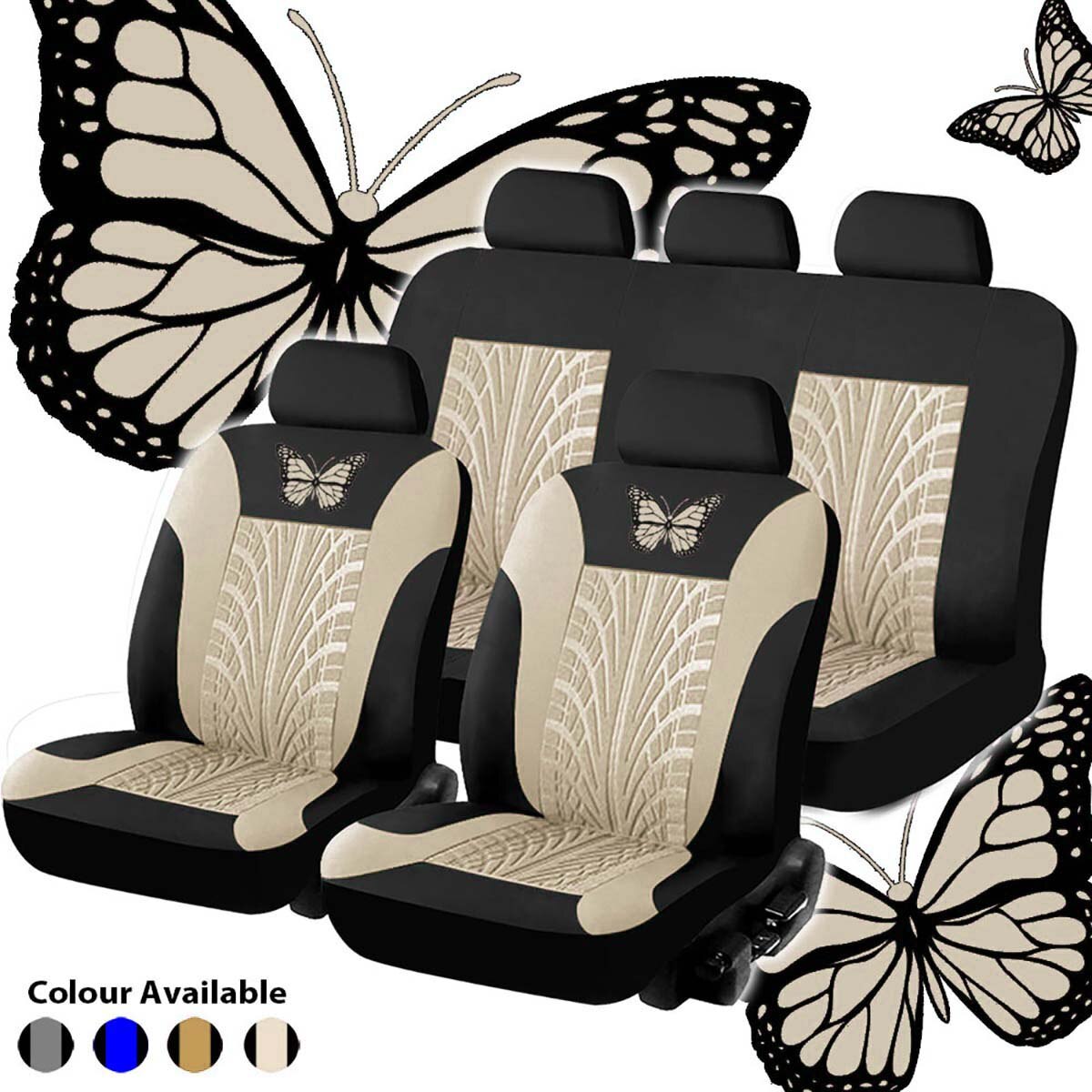 Car Seat Covers Set Universal Fit Most Cars Covers with Butterfly pattern Tire Track Detail Styling Protector covers for the car: A-Beige full set