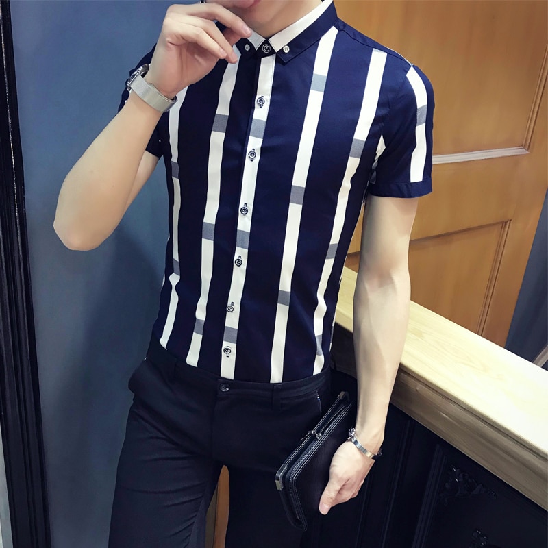 Patroon streep shirt mannen zomer mannen mode korte slim fit shirt mannen camisa masculina sociale formele shirt mannen navy