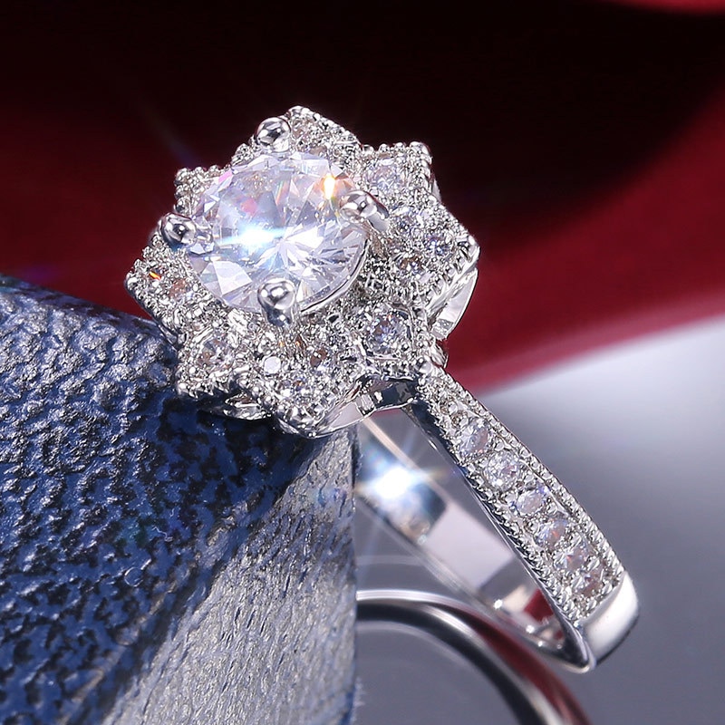 Trendy Snowflake Crystal Wedding Rings For Women Flower Leaf Silver Color Luxury AAA White Cubic Zircon ring jewerly