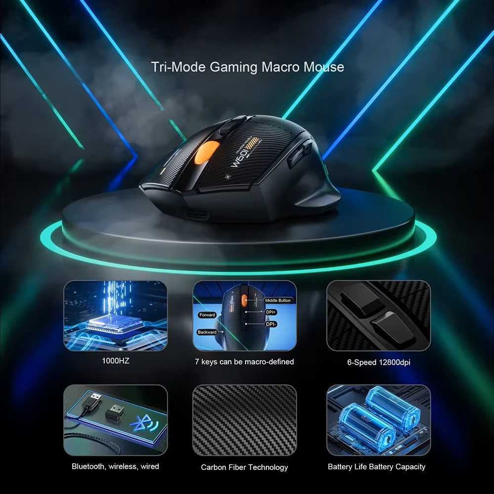Wireless Gaming Mouse 12800 DPI 1000Hz Polling Bluetooth 2.4G Wired Triple Mode 7 Programmable Buttons RGB Ergonomic Esports PC