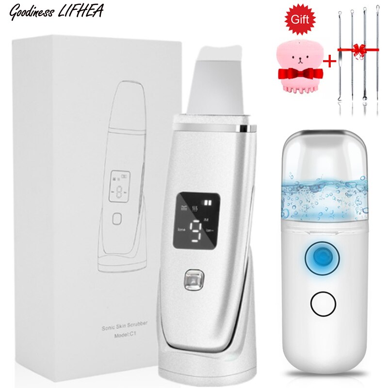 Lcd ultrasone huidreiniger en usb gezichtsstomer luchtbevochtiger diepe facelift reinigingsmachine peeling schep gezicht poriën reinigen