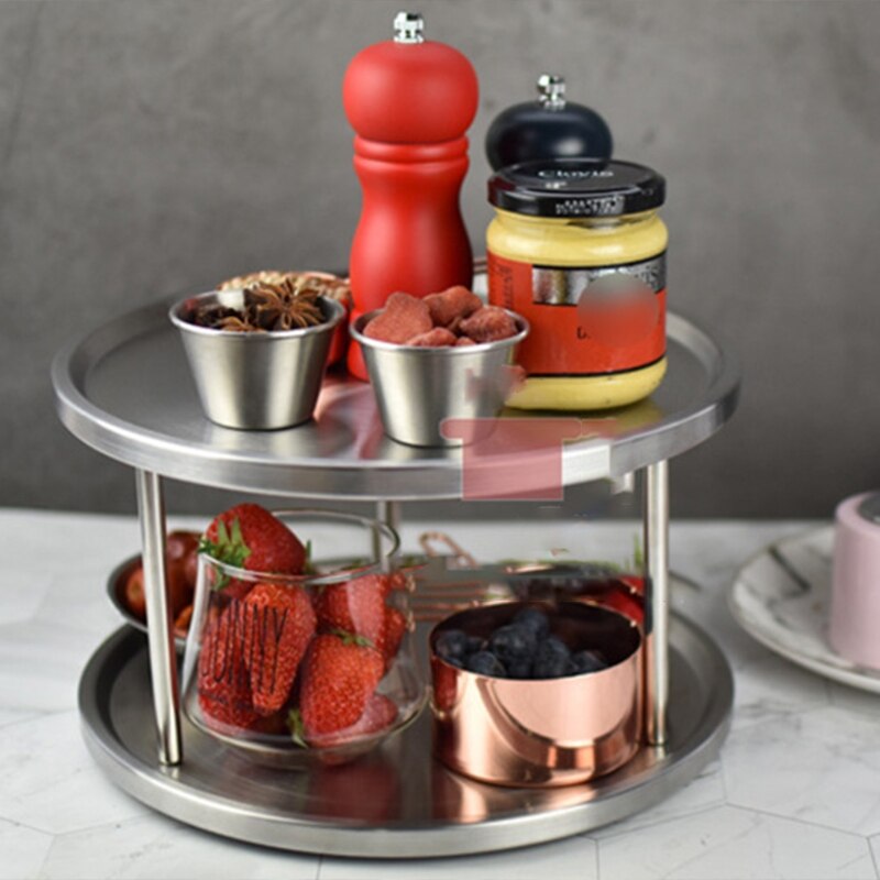 Stainless Steel 2-layer 360 Degree Rotate Lazy Susan Kitchen Spice Storage Rack U7EA