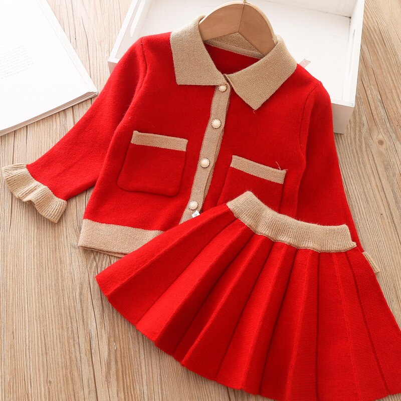 Conjunto de suéter para niña pequeña, Top de manga larga de coreana + Falda plisada, suéter para niña pequeña, ropa de otoño e invierno, novedad de 2022: Rojo / 7 años