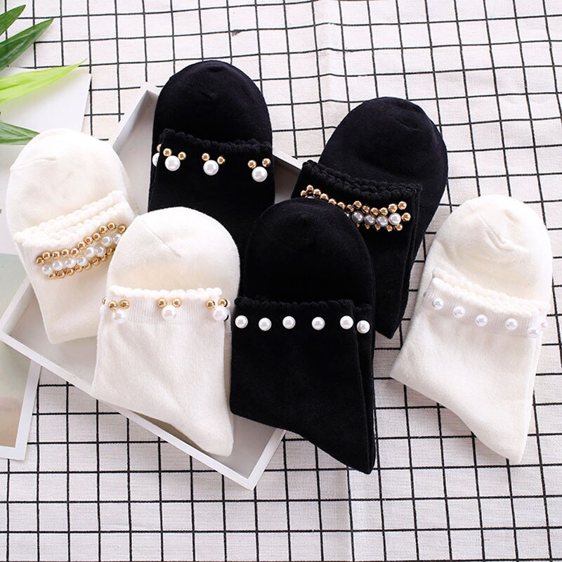 Black/White Korean Reto Pearl Socks Women Elastic Cotton Handmade Meias Socks Harajuku Calcetines Mujer
