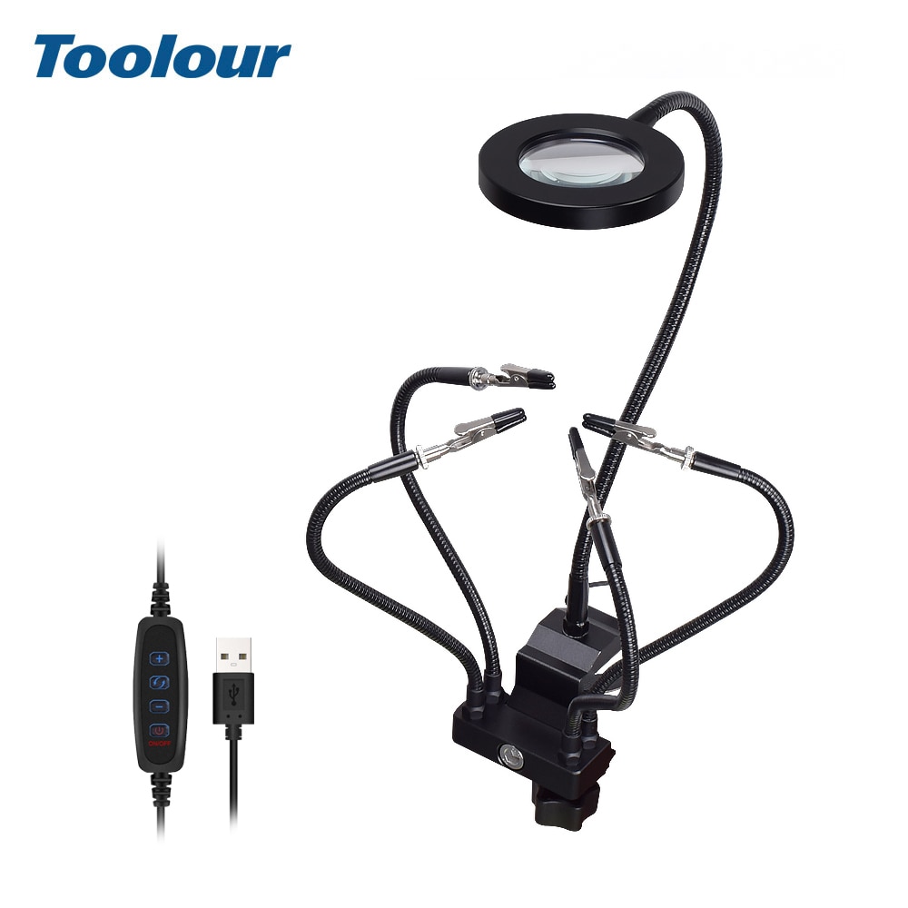 Toolour Welding Third Hand Tool Table Clamp Soldering Stand USB LED 3X Magnifier 5pc Flexible Arms Bench Vise Soldering Holder