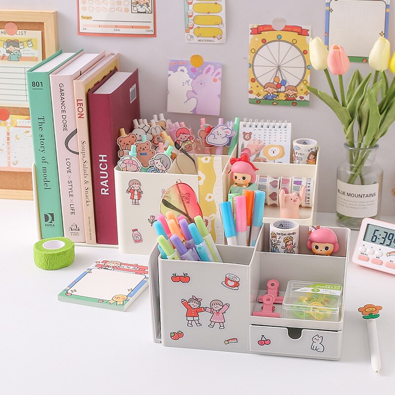 Organizador de escritorio multifuncional Kawaii 3 en 1 para niñas, portalápices, soporte para libros, pegatina de , organizador de papelería escolar, Oficina