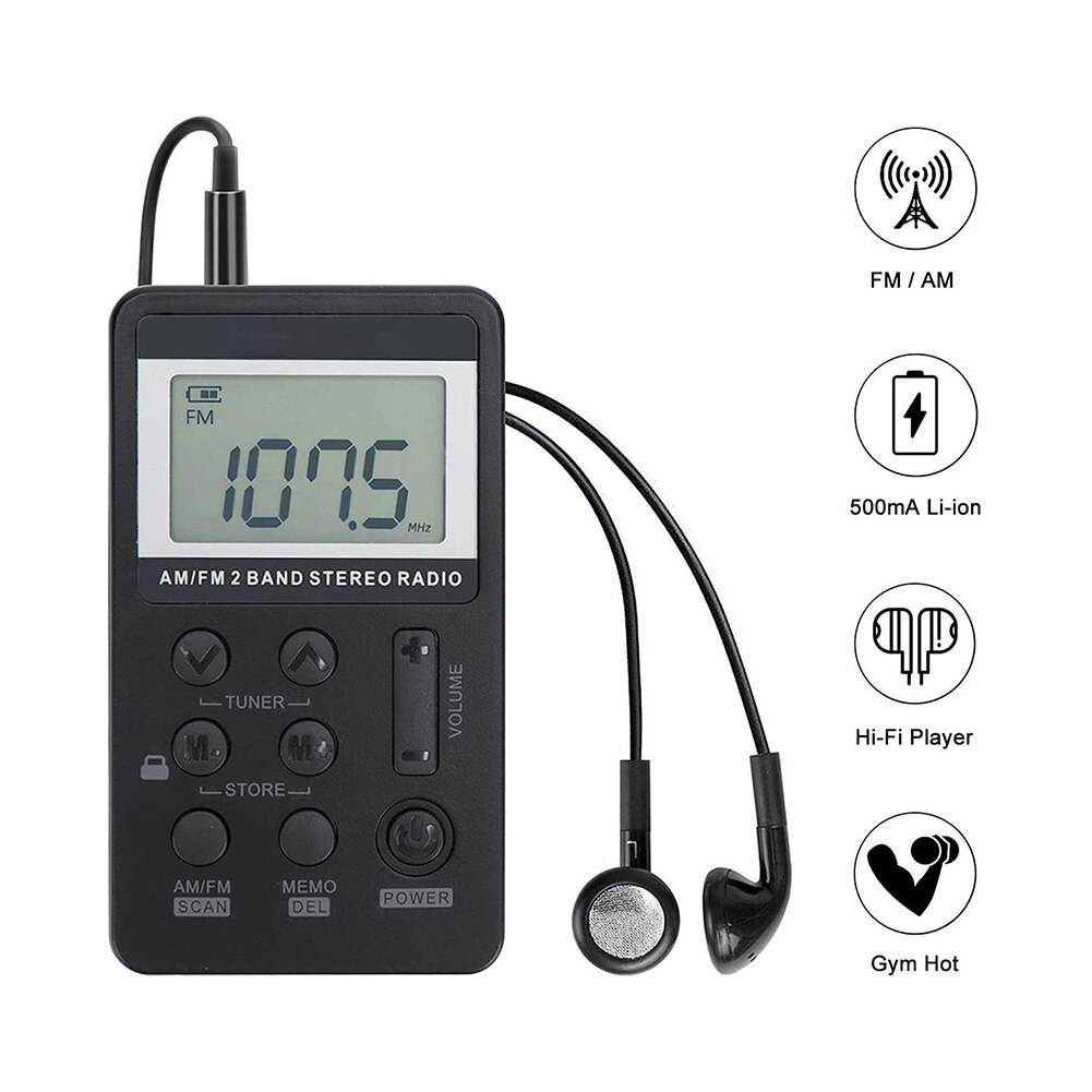 Portable Dual Band AM/FM Pocket Radio Digital Display Mini Radio Receiver with Rechargeable Battery Headphones for Walking Camp