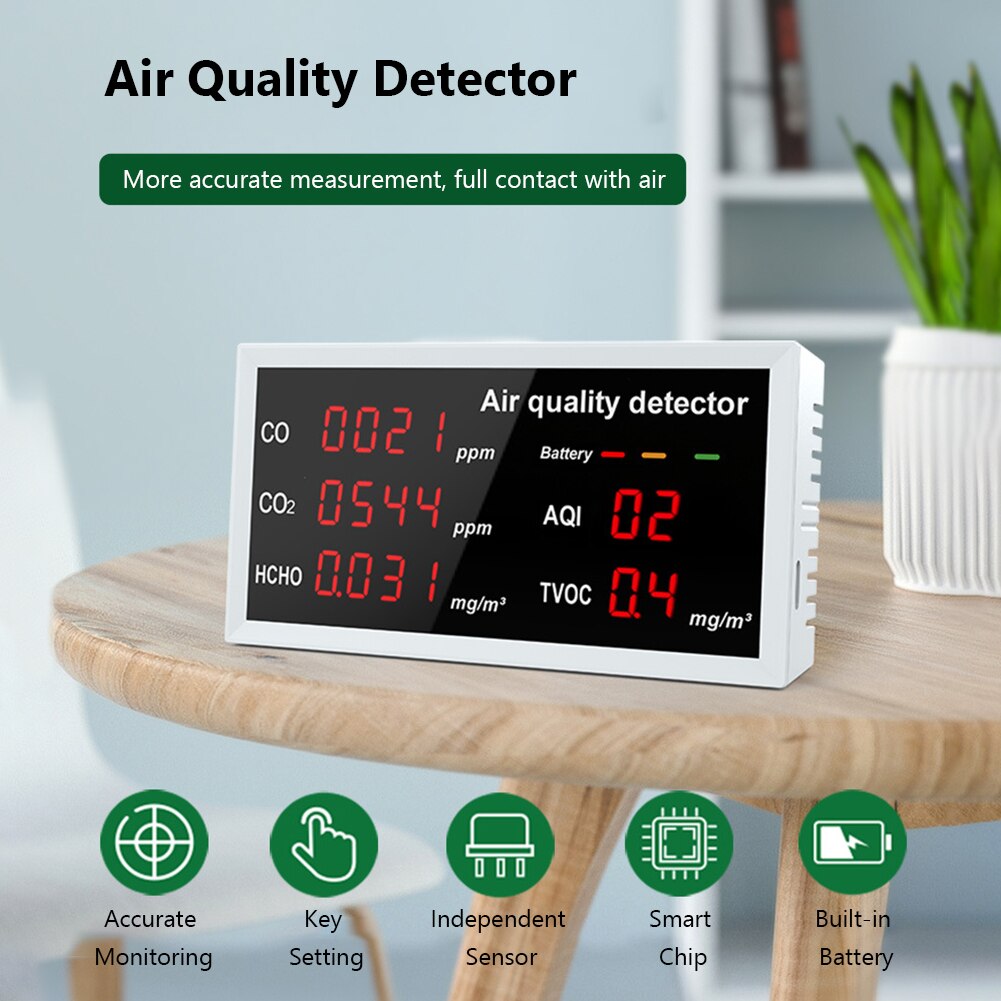 Meter Digital Temperature Tester 5 in 1 Indoor Air Monitor Rechargeable CO CO2 HCHO TVOC AQI Detector
