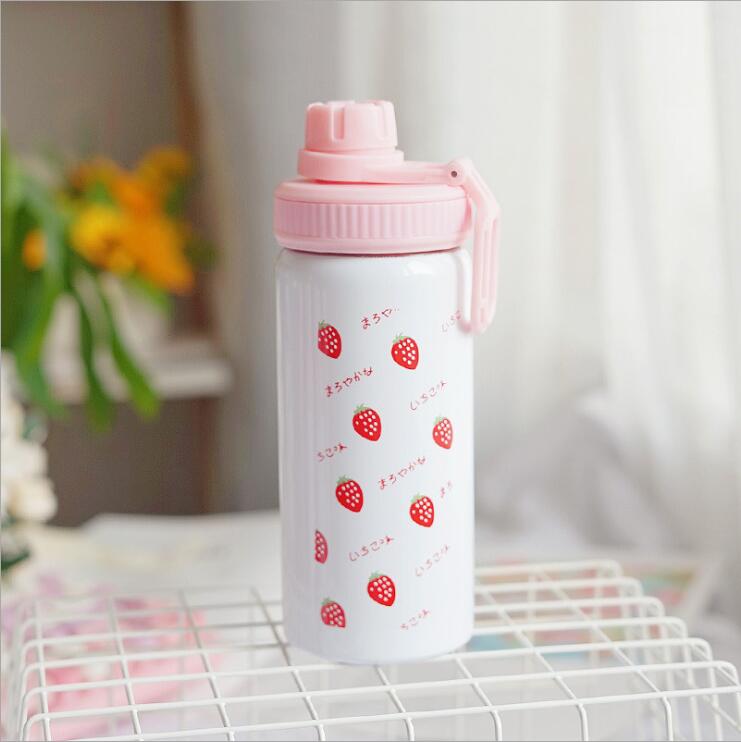 400ML Cute Pink Strawberry Water Bottle Travel Kawaii 304 Stainless Steel Thermos Bottle With Straw Birthday Girl Women: 3
