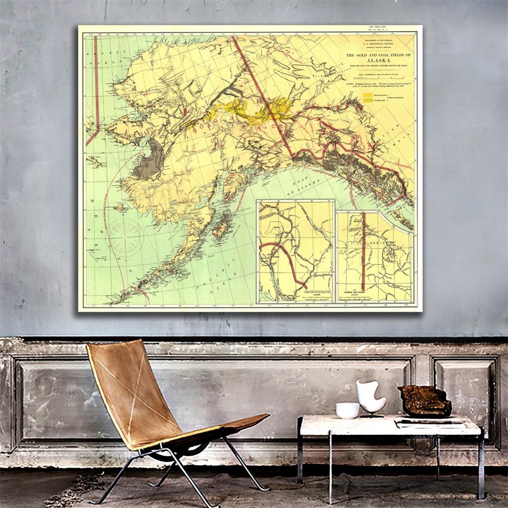 1898 upplagor vintage dekor karta väggdekor måla guld- och kolfälten i alaska 90 x 90cm hd spraymålning för vardagsrummet