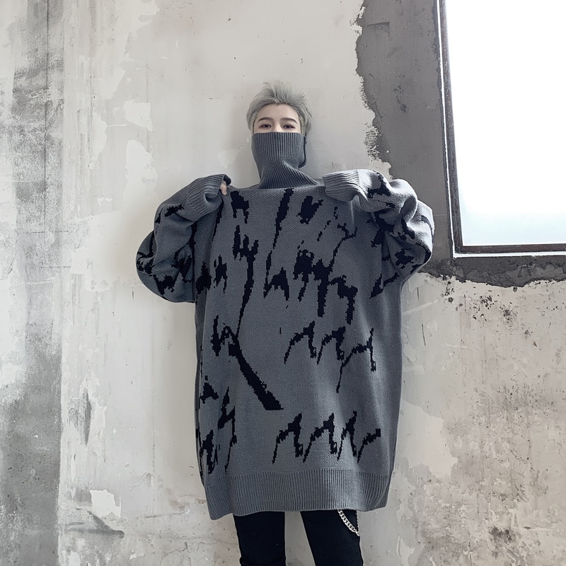 Suéter de punto de cuello alto holgado para hombre, ropa de calle de otoño e invierno, suéter informal grueso y cálido de estilo Hip Hop