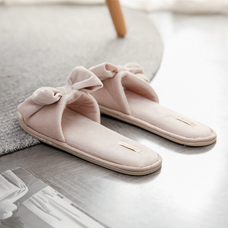Pantufas femininas soladas e antiderrapantes, sapatos de mulher com laço e sola macia, para quarto e primavera chinelos