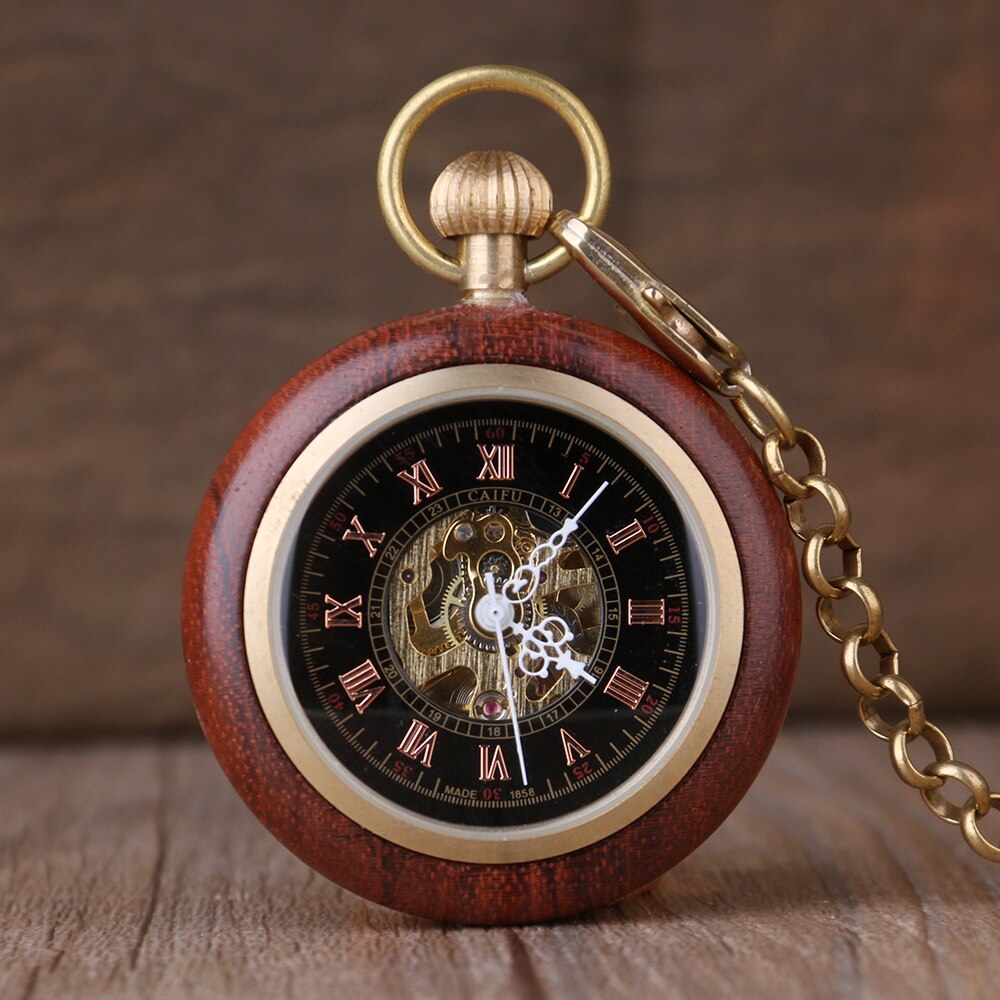 Vintage Classic Steampunk Houten Mechanische Hand Wind Zakhorloge Romeinse Cijfers Luxe Fob Ketting Klok Unisex Horloges