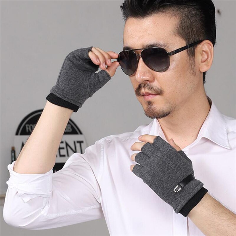 Sans doigts hommes gants conduite en daim cuir noir gris demi doigt hommes élastique en plein air vélo mitaines hiver gants chauds