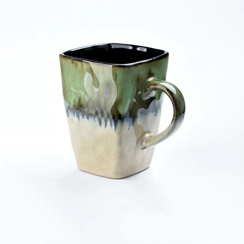 Flow Glaze Square Coffee Mug With Spoon and Lid Retro Tea Cup Simple Household Matte Color Ceramic Milk Water Cup: Green