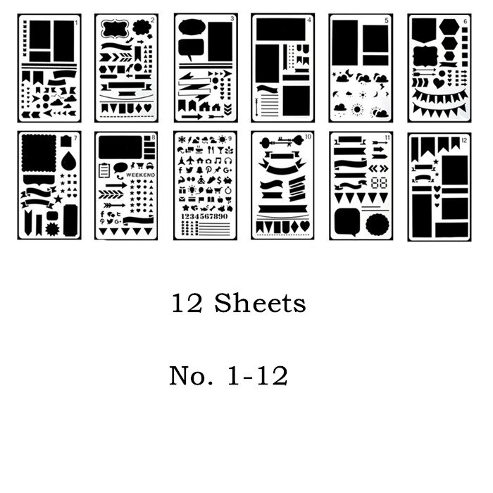 Pochoirs de Journal en plastique, ensemble de pochoirs de planificateur pour Journal/Notebook/agenda/Scrapbook, modèle de dessin pour bricolage: 12 Sheets