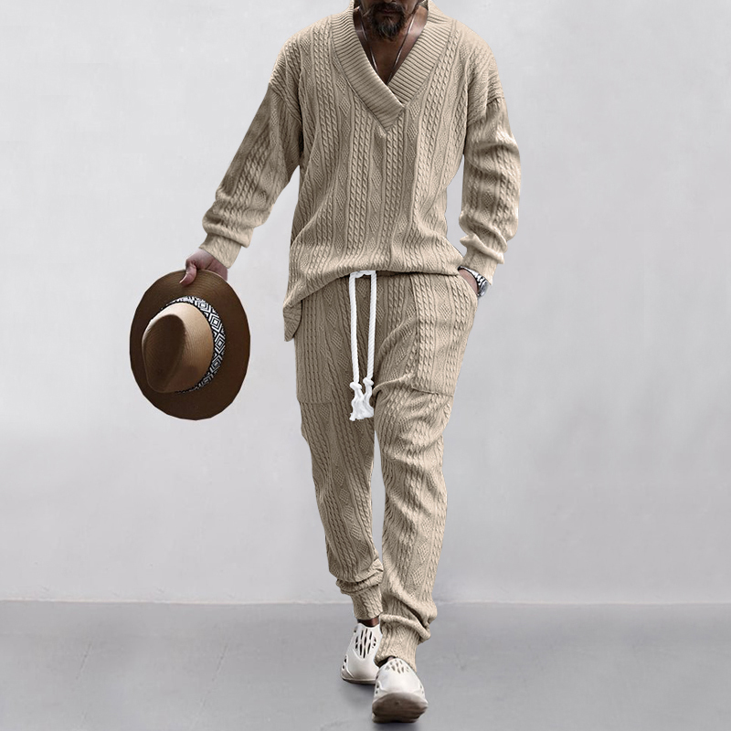 Conjunto de camisa y pantalón con cuello en V para hombre, traje de Jacquard de , estilo europeo y estadounidense, primavera y otoño, novedad: XXL / Caqui