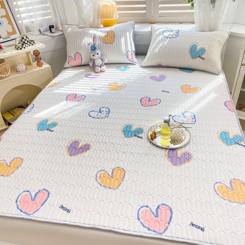 Ins Cute Latex Mattress Cover Set Girly Heart Air Conditioning Soft Mat Foldable Machine Washable Bed Mat Cool Bed Cover: Colorful Heart / 90x200cm