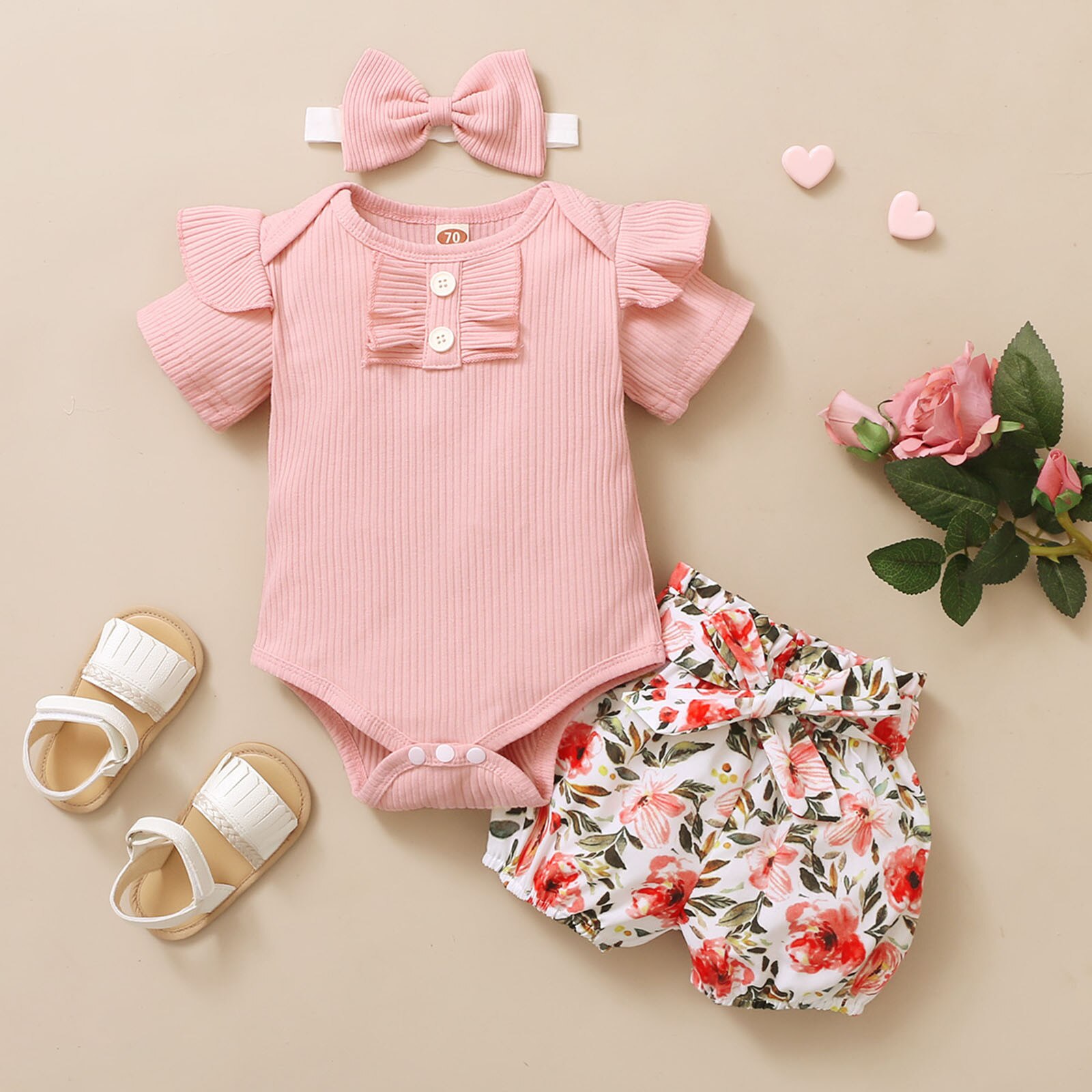Girl Outfits Toddler Baby Girls Clothes Summer Solid Short Sleeve Ruffle Romper Bodysuit+Floral Print Shorts Headbands Outfits