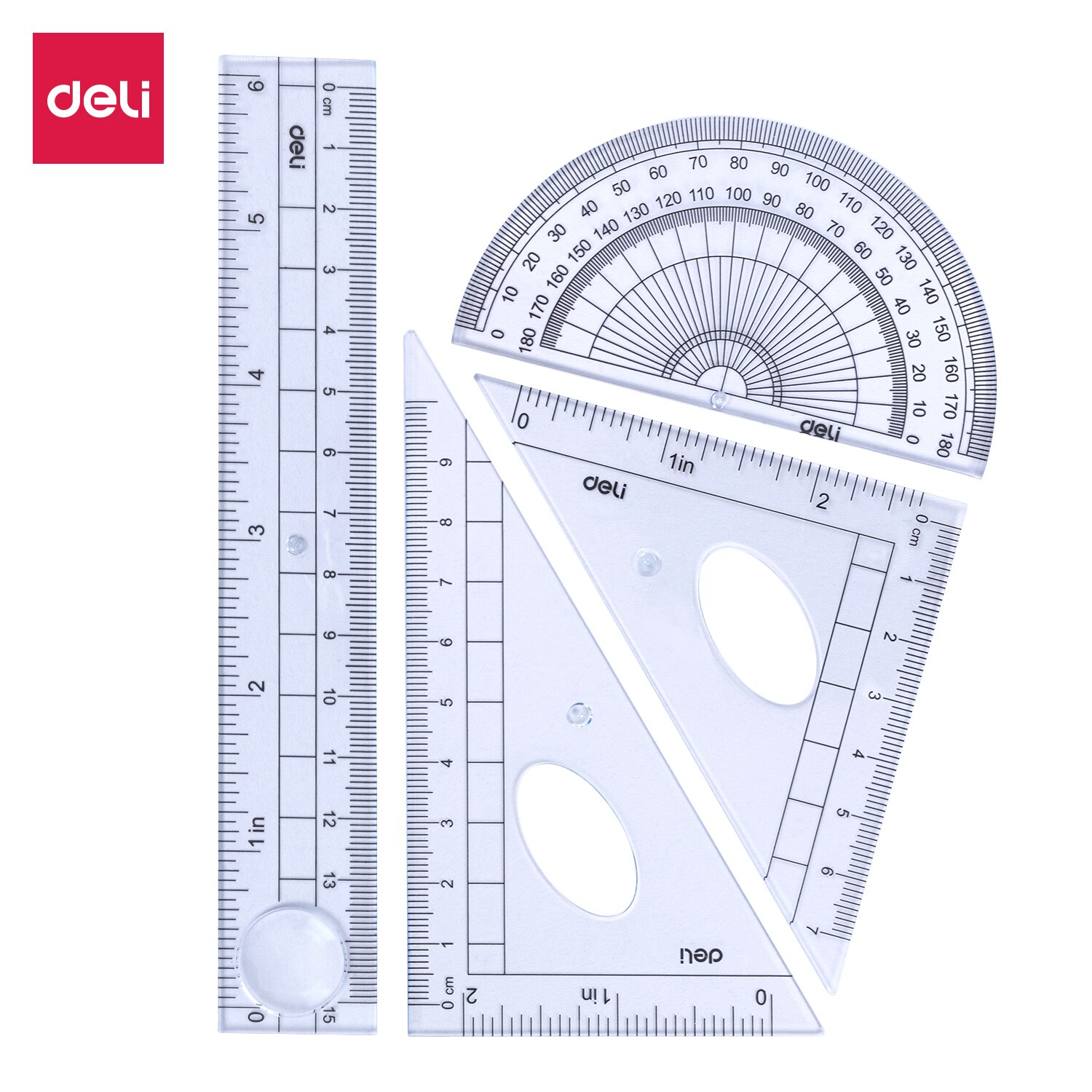 Deli Cartoon Drafting Set Protractor Triagluar Straight Ruler Set Combo 15cm Transparent School Rulers Stationery