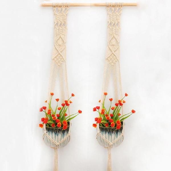 LanLan 2PCS Macrame Plant Hanger Indoor Outdoor Hand Knit Hanging Planter Wood Stick Basket Wall Art: G2002