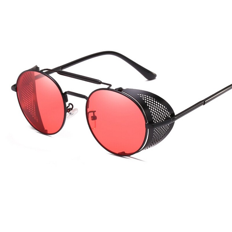 Retro Round Steampunk Sunglasses Men Women Side Shield Goggles Metal Frame Gothic Mirror Lens Sun Glasses: BLACK RED