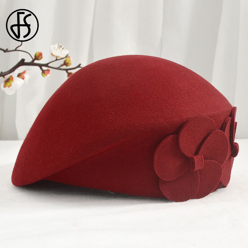 FS Winter Hats For Women Beret Wool Felt Fedora Hat Black Red Hats Wedding Church Party Cocktail Ladies Female French Artist Hat: wine red