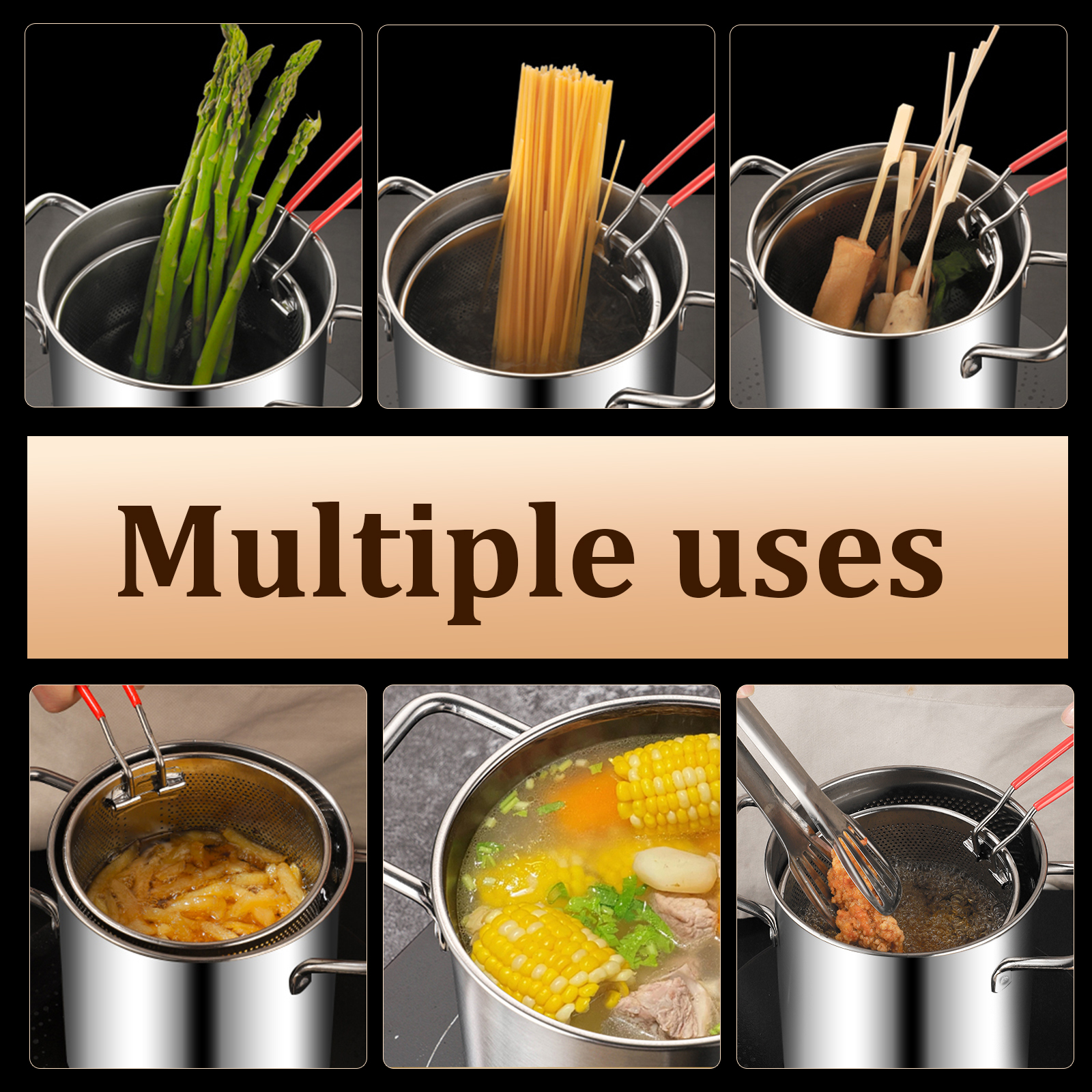 Poêle à frire en acier inoxydable, friteuse de cuisine avec panier à passoire, poêle à frire Tempura, poulet, frites, outils de cuisine