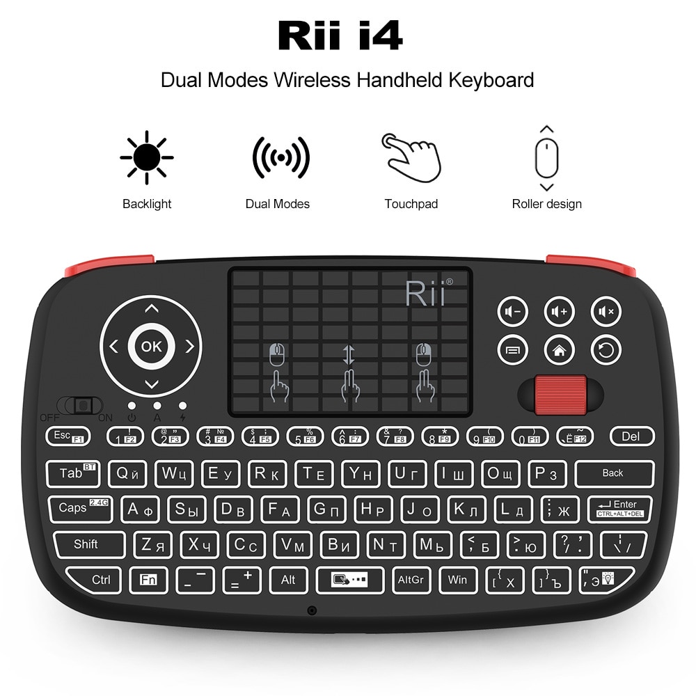 Rii i4 Mini Russische Toetsenbord 2.4G Bluetooth Dual Modi Handheld Toets Backlit Muis Touchpad Afstandsbediening voor TV Box PC
