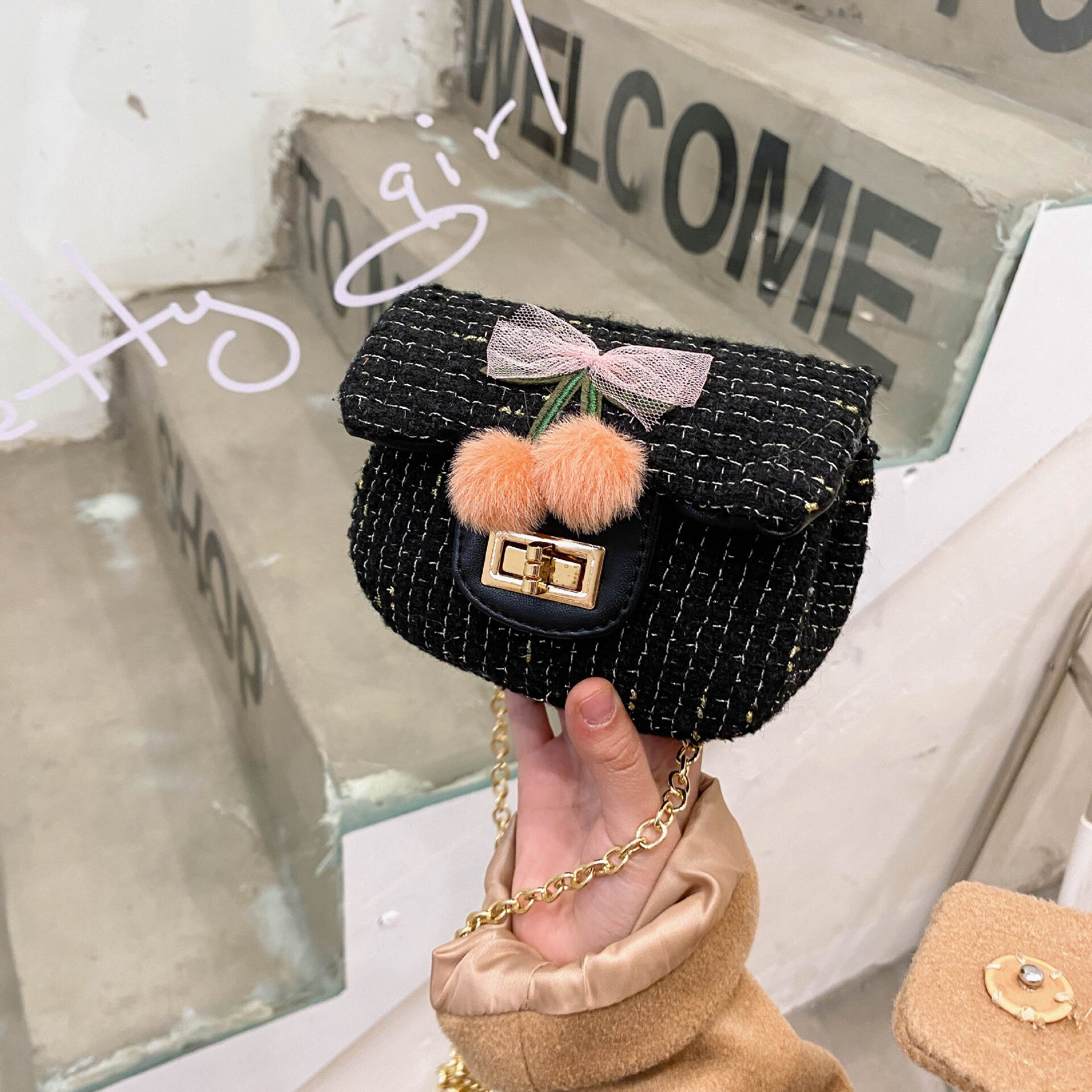 Korean Style Western Style Woolen Cherry Crown Bow Princess Girl Children Mini Crossbody Bag Women