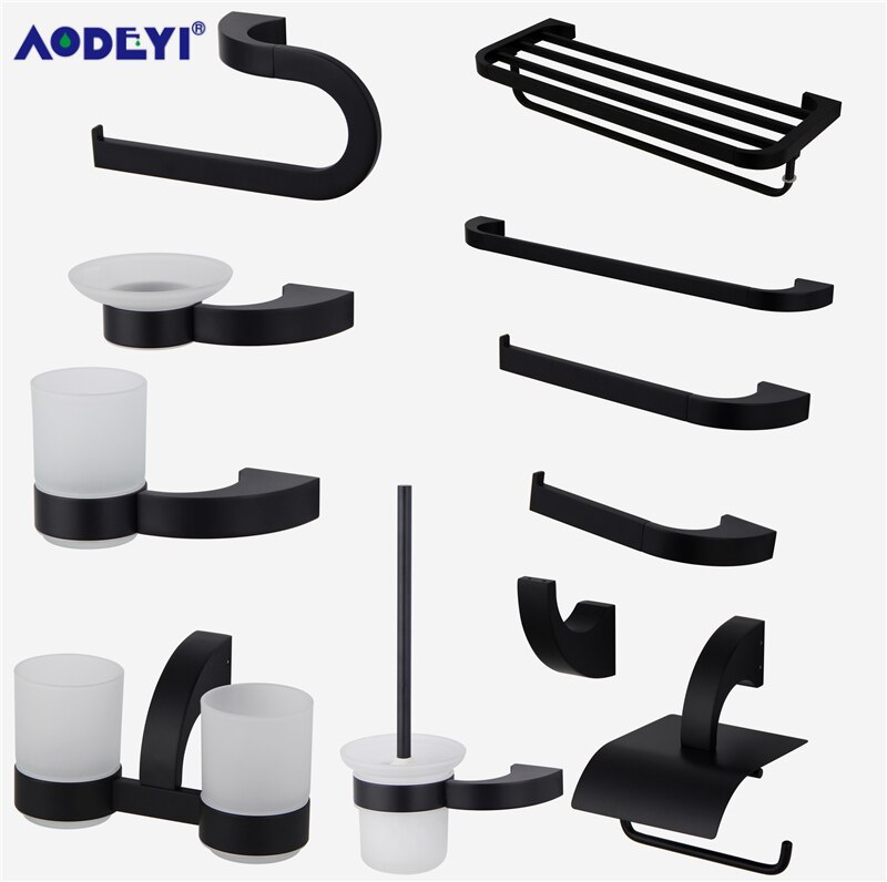 Bathroom Hardware Set Robe Hook Towel Rail Rack Bar Shelf Toothbrush Holder Bathroom Accessories Black