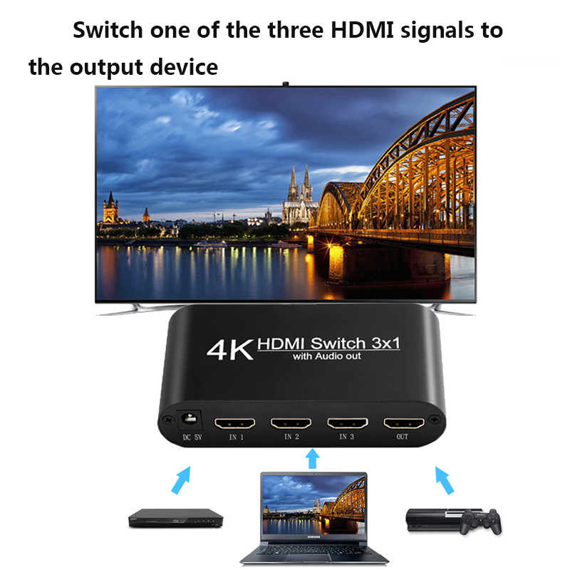 Conmutador HDMI 3x1 con Extractor de Audio salida óptica Toslink compatible con conmutador HDMI 4K 3D 1080P con Control remoto