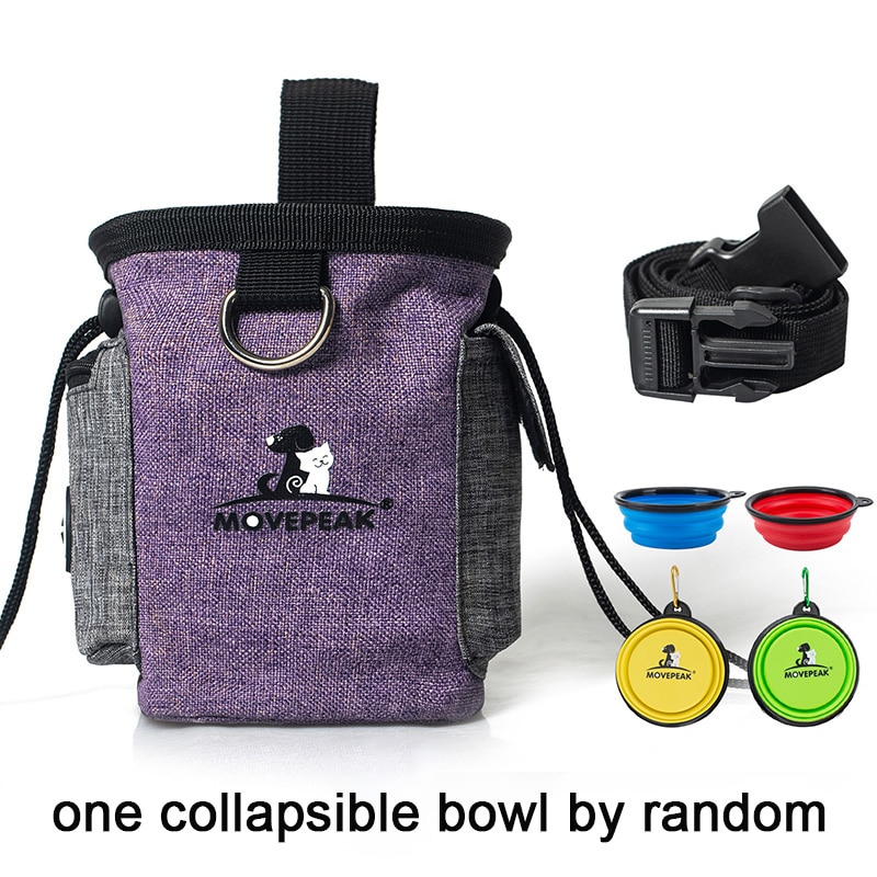 Portable Pet Dog Oxford Portable Pet Training Bag Small Puppy Training Bag Outdoor Feed Food Snack Garbage Waist Bag: Purple with 1 bowl