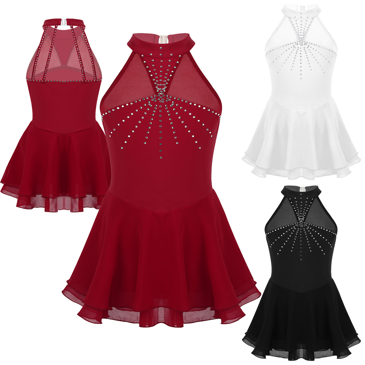 TiaoBug Kids Teens Mouwloze Sparkly Steentjes Mesh Splice Figuur Schaatsen Jurk Meisjes Ballet Gymnastiek Turnpakje Dans Slijtage
