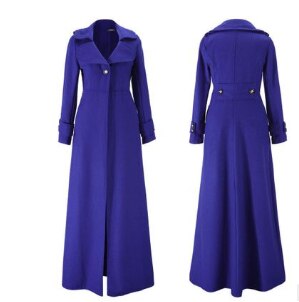Dames lange mouwen extra lange jas imitatie wollen jas één knoop omslagkraag winterjassen damesjas: Blauw / Xl