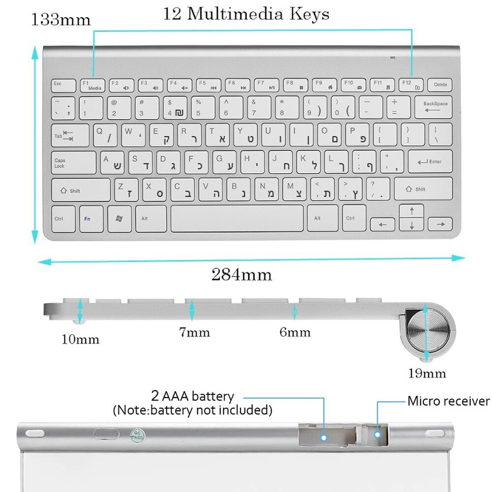 Hebreeuws Draadloos Toetsenbord 2.4Ghz Ultra Slim Portable Compact Formaat Geluidsarm Lsrael Toetsenbord Voor Laptop Desktop Windows