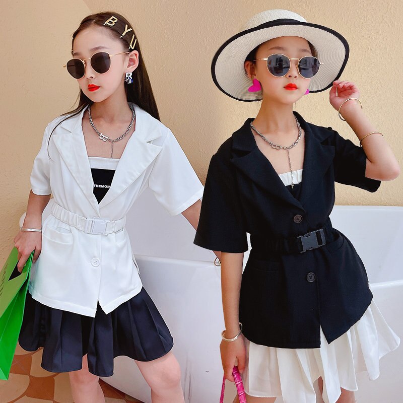 Ropa coreana para niñas, Chaqueta de traje de manga corta, Color blanco y negro, chaquetas de para adolescentes, abrigos con cinturón de 5, 6, 8, 10 y 12 años