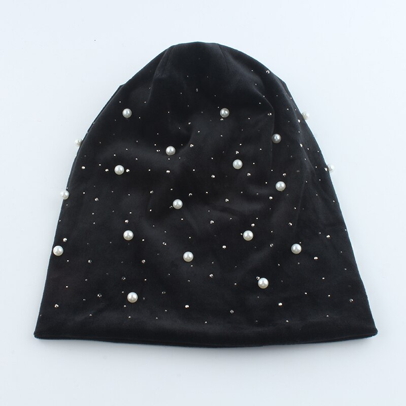 Gorros de terciopelo con diamantes de imitación y perlas para mujer, sombrero cálido y suave, de invierno, novedad de