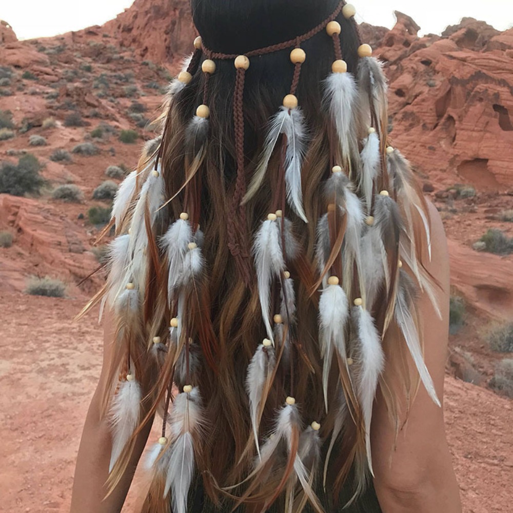 Tassel Feather Headband Adjustable Beaded Boho Style Headdress Ethnic Costume Rainbow Indian Headband Carnival