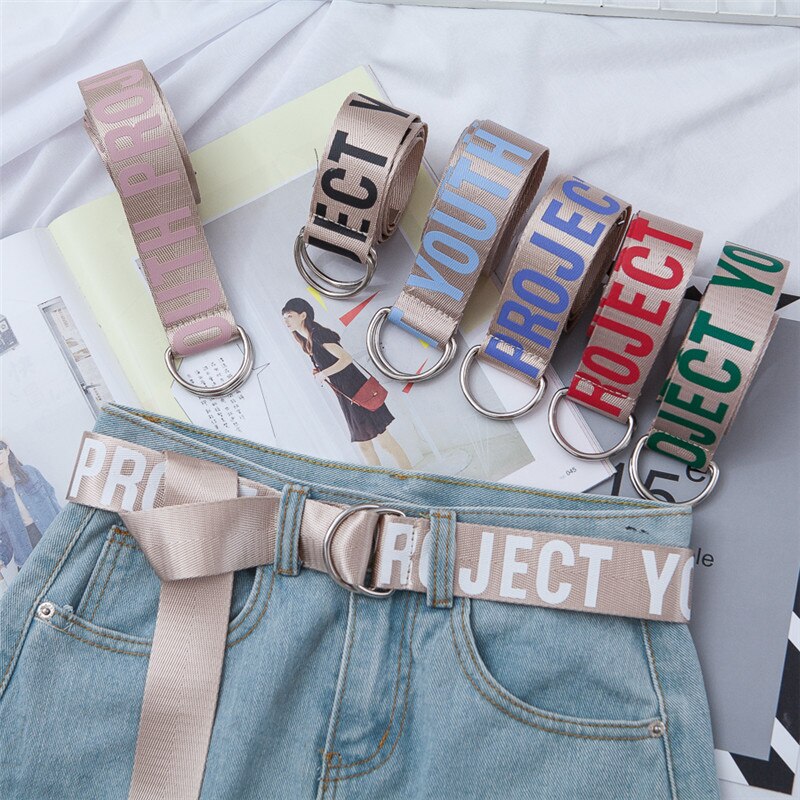Cinturón de lona con estampado de letras para hombre y mujer, cinturón de nailon con estampado de letras, cintura larga, punk,