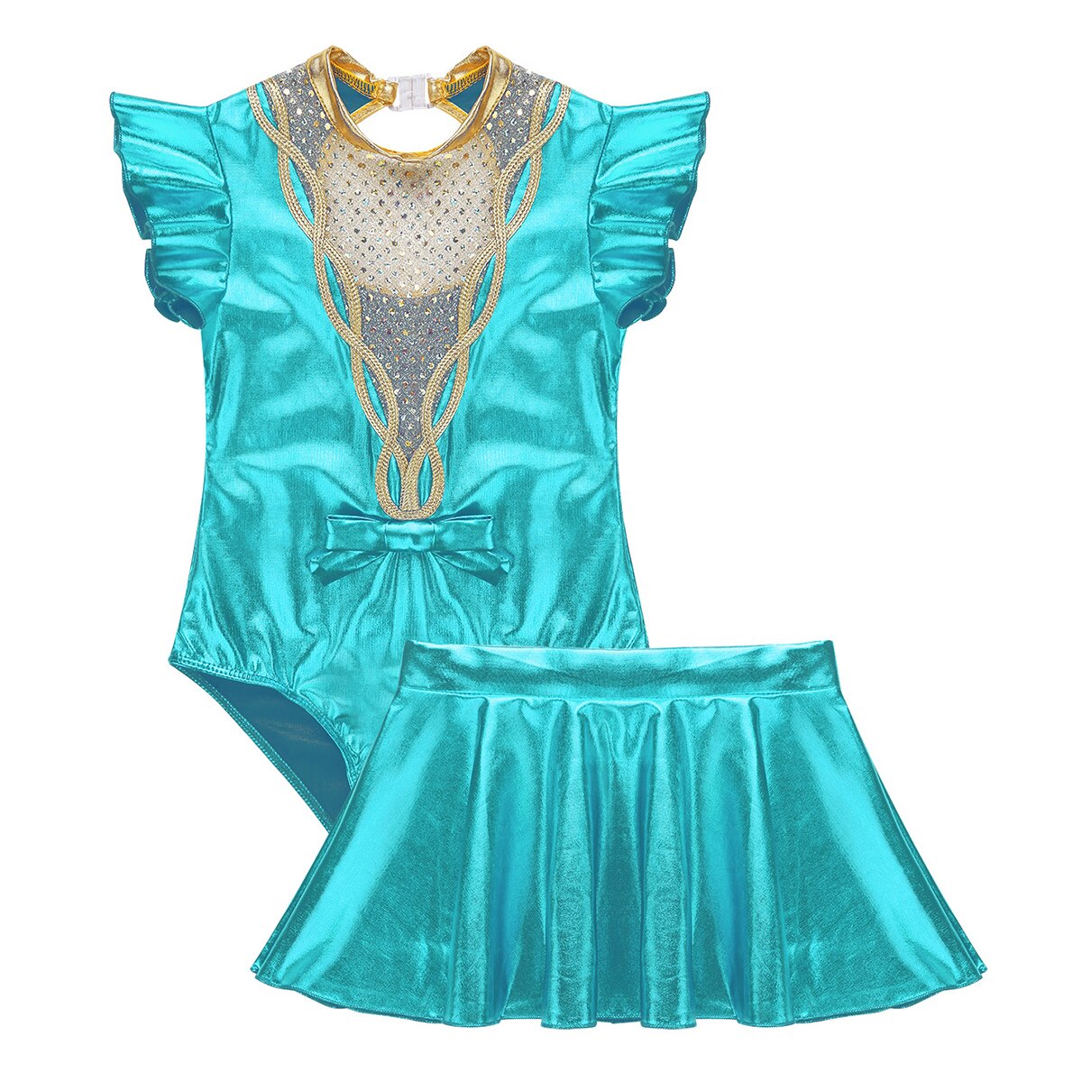 ChicTry Kids Teens Performance Dance Costume Shiny Sequins Metallic Gymnastics Leotard with Skirt Set Girls Ballet Dress Outfit