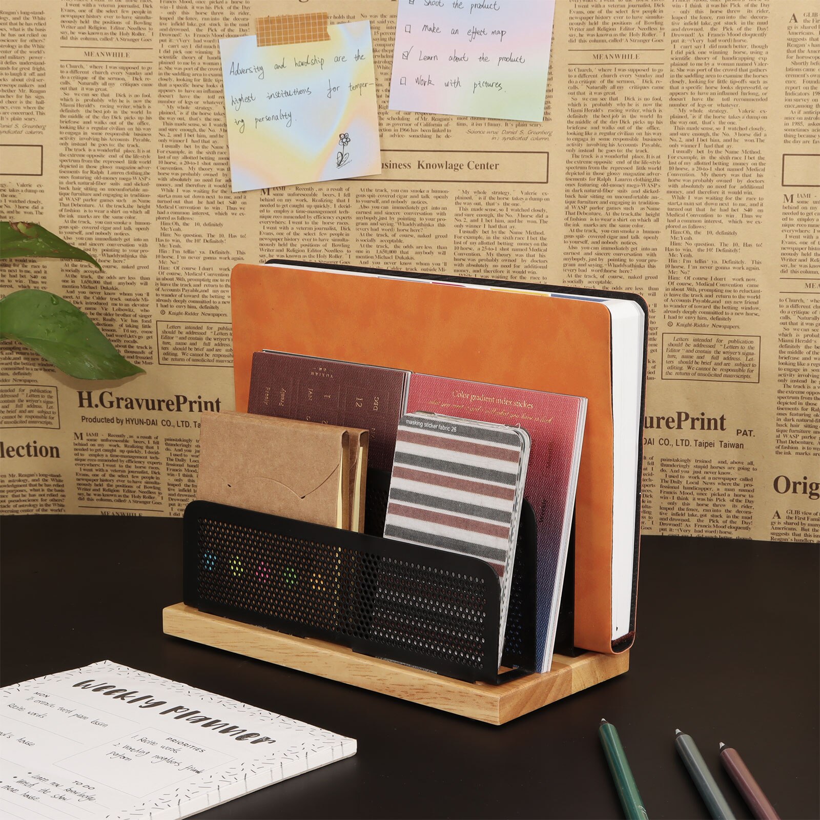 Wood Black Mesh Office Desk Organizer Set Pencil Pen Holder Sticky Notes Memo Holder Upright Stand Letter Sorter Mail Document