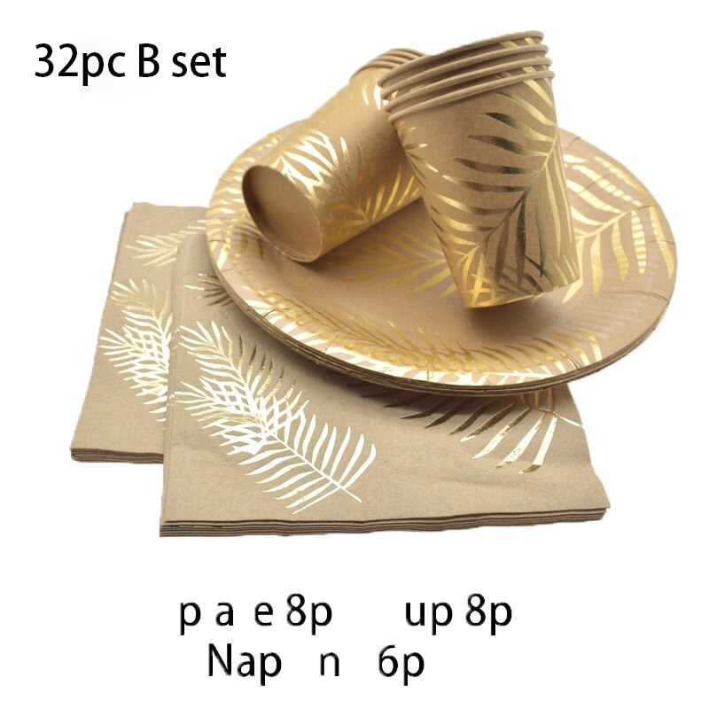 Vaisselle jetable en feuille de palmier tropicale, décor d'assiettes et d'assiettes, gobelets et serviettes en papier, décorations pour mariage, anniversaire, baby-breakfast: 32pcs set